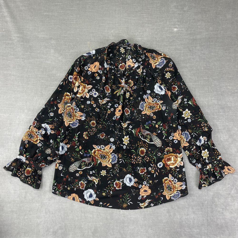 Dunnes Blouse Womens 1X Black Floral Long‎ Sleeve Ruffle Romantic Girly